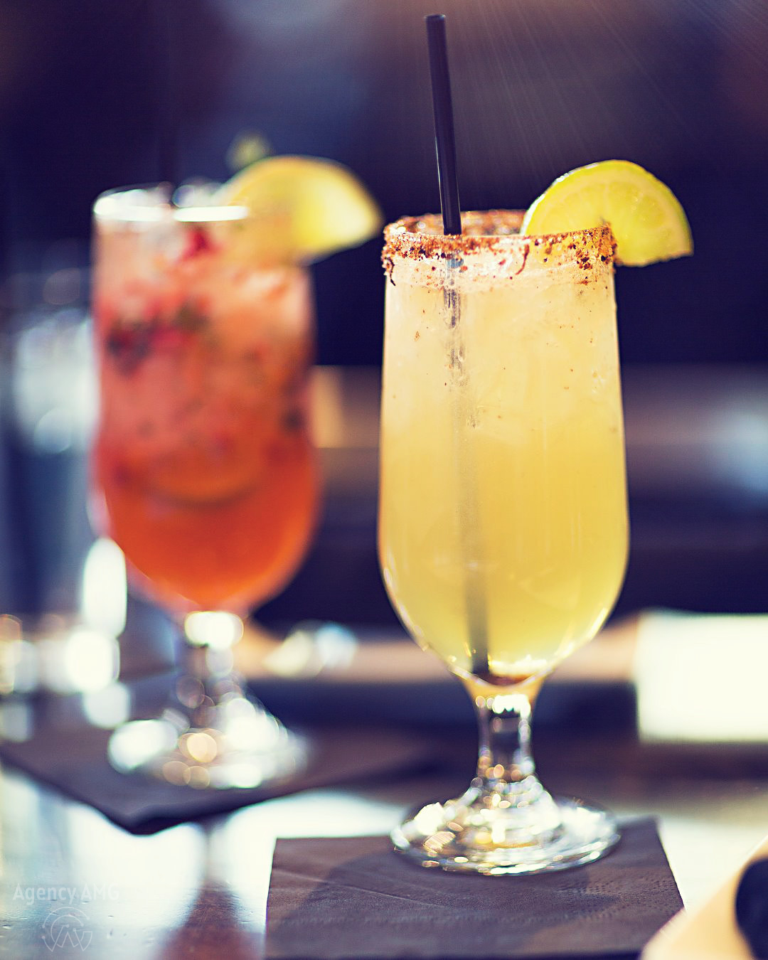 Assorted craft drinks lineup with depth cues